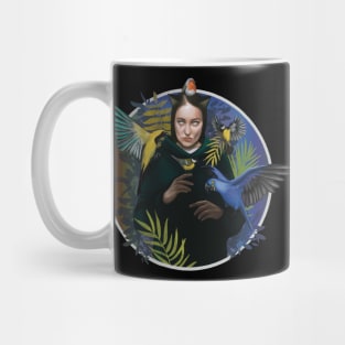 Cat Girl with tropical birds in twilight garden Mug